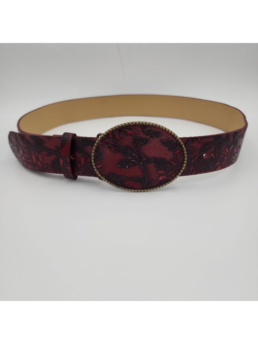 Women's Floral Western Belts Oval Brass Buckle Vintage Red Leather Fits 27-36"